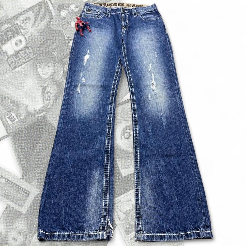 Vintage Y2K Thick Stitched Distressed Thrashed Express Bootcut Flared Jeans
